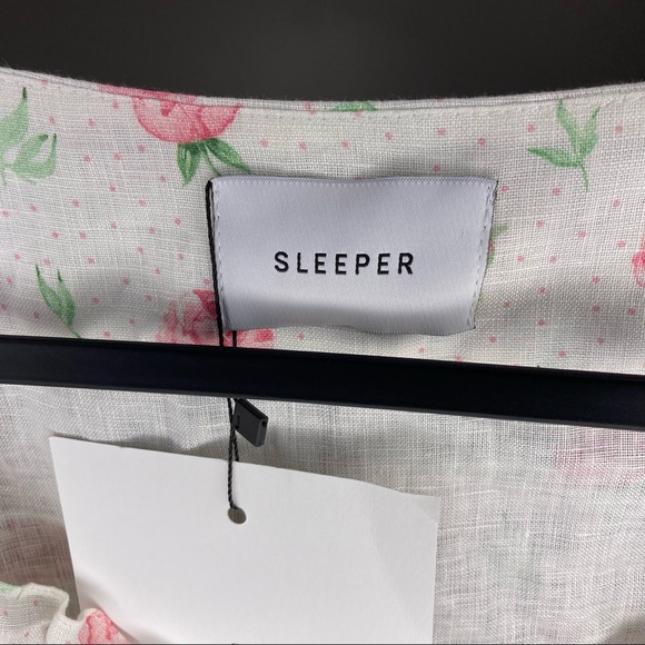 SLEEPER Marquise Linen Dress in Roses Pink White Lace Front Puff Sleeve L - Picture 6 of 9